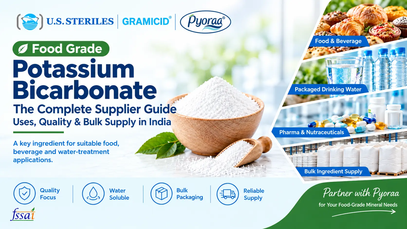 Food Grade Potassium Bicarbonate Supplier Guide by Pyoraa – Uses in Food & Beverage, Packaged Drinking Water, Pharma, Nutraceuticals and Bulk Ingredient Supply in India.